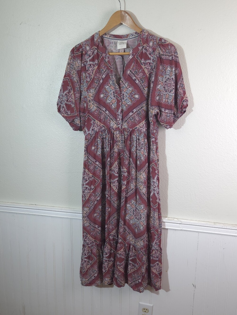 Knox Rose Dress Womens M Burgundy Paisley Boho V Neck Short Puff Sleeve Midi Ray